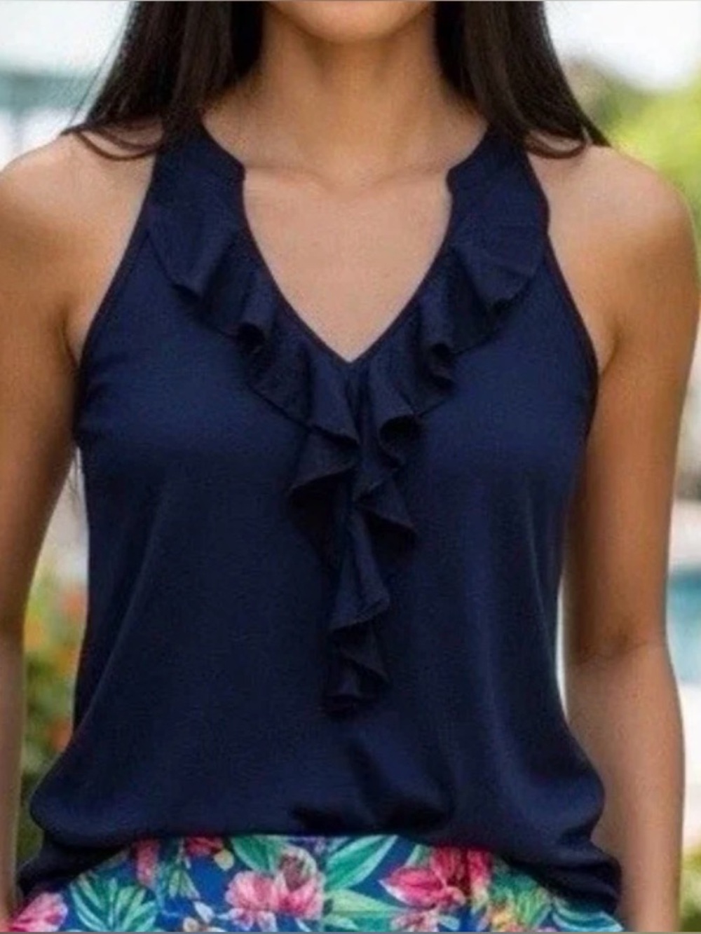 Lilly Pulitzer Shay Top Paradise Tint Navy Women Size XS Pima Cotton Ruffle